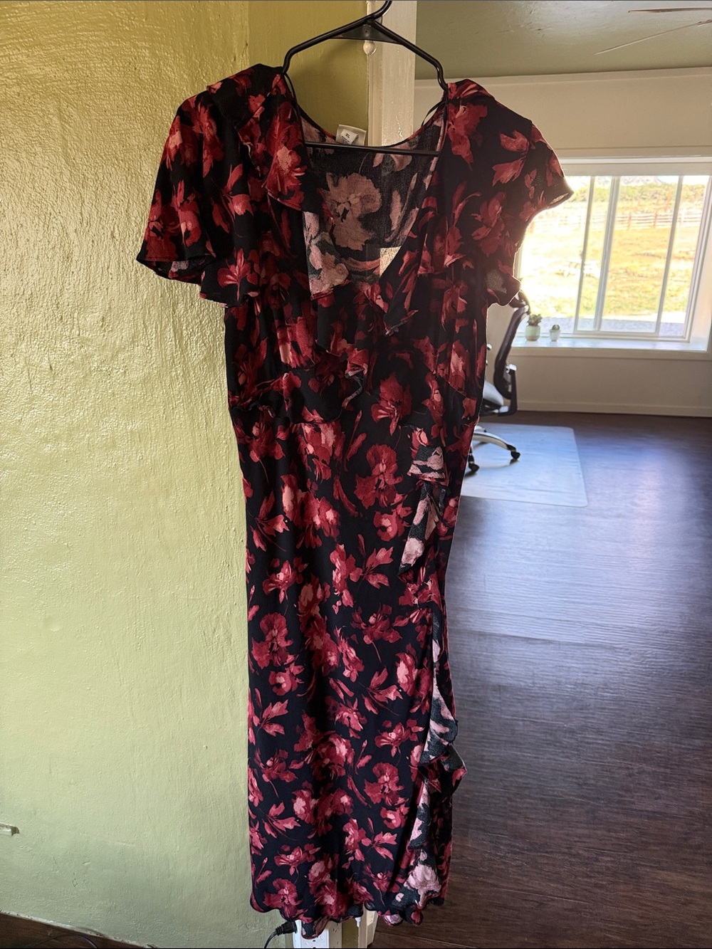 a new day Black Dress with Burgundy Floral Print, Midi